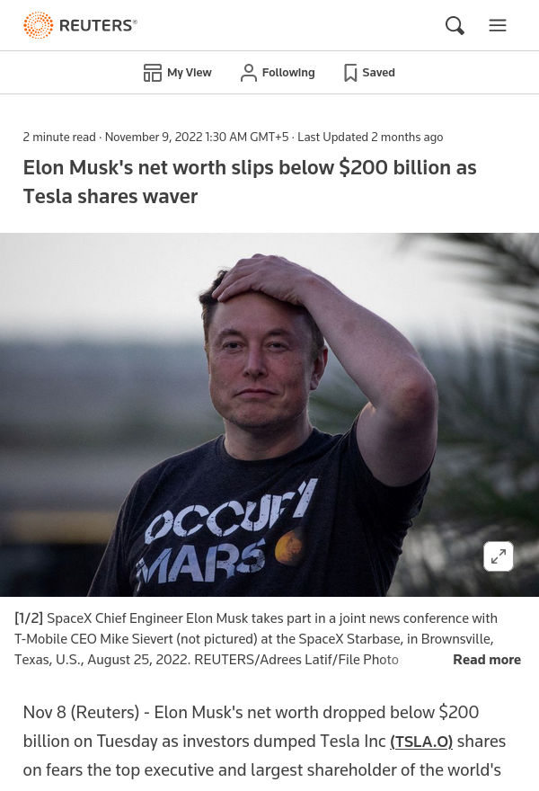 Reuters - Elon Musk's net worth slips below $200 billion as Tesla shares waver